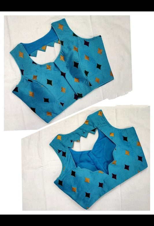 Good-Looking Firozi Meenakani Jacquard fancy Neck Readymade Blouse