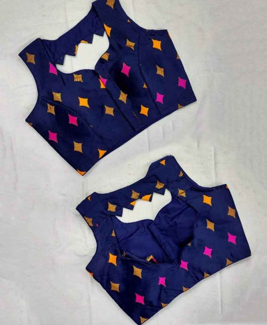 Devastating Navy Blue Jacquard Meenakani fancy Neck Readymade Blouse