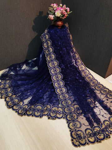 Magnificent Navy Blue Net With Diamond Embroidered Work fancy designer saree