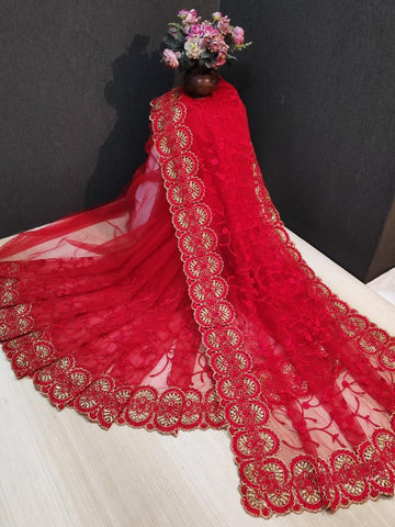 Glorious Red Net With Embroidered Diamond Work fancy designer saree