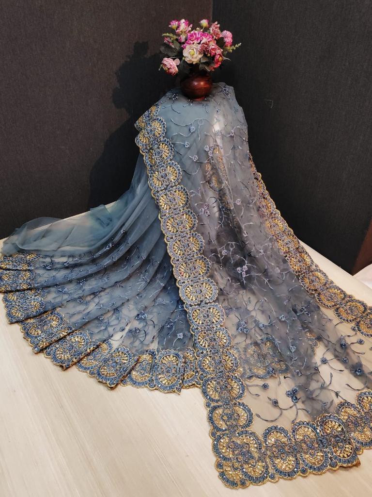 Bewitching Grey Net With Diamond Embroidered Work fancy designer saree