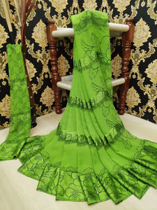 Bootylicious Green Satin Patta Printed fancy designer saree