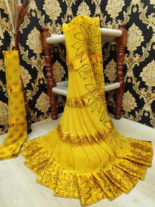 Beauteous Yellow Satin Patta Printed fancy designer saree