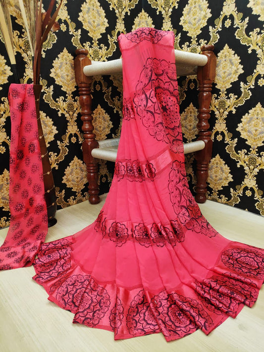 Pulchritudinous Peach Satin Printed Patta fancy designer saree
