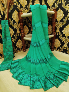 Remarkable Rama Green Satin Printed Patta fancy designer saree