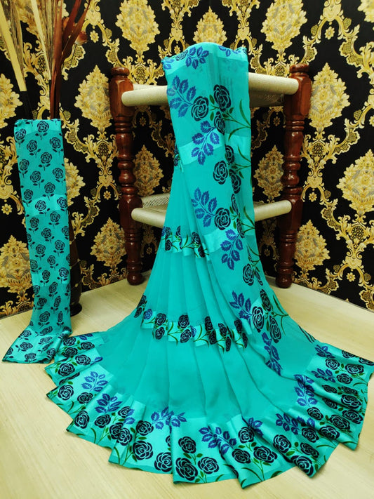 Extraordinary Firozi Satin Printed Patta fancy designer saree