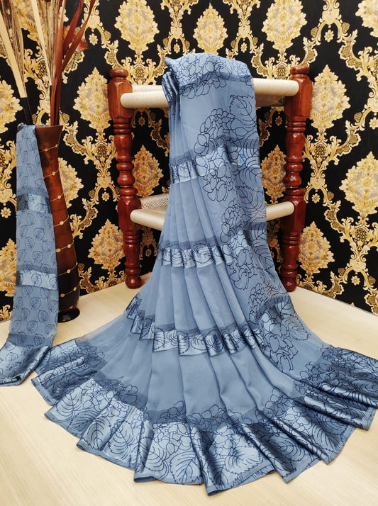 Staggering Grey Satin Printed Patta fancy designer saree