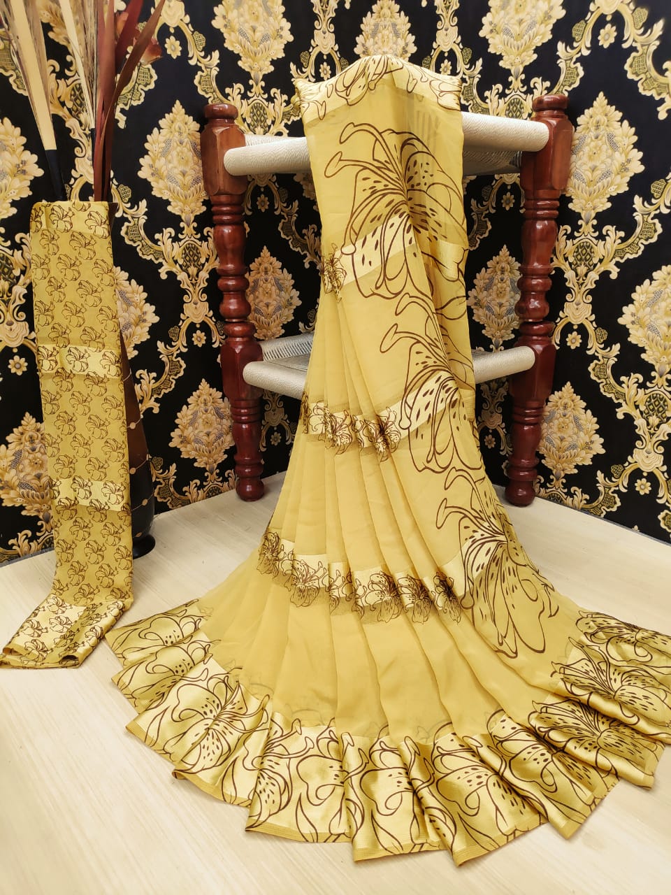 Incredible Cream Satin Printed Patta fancy designer saree