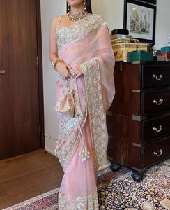 Baby Pink Color Designer Embroidered Saree For Women