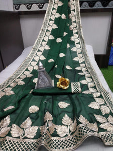 Astonishing Dark Green Silk With Gotta Silver Work fancy designer saree