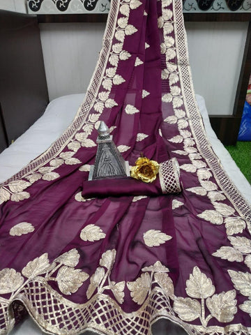 Marvellous Wine Silk With Gotta Silver Work fancy designer saree