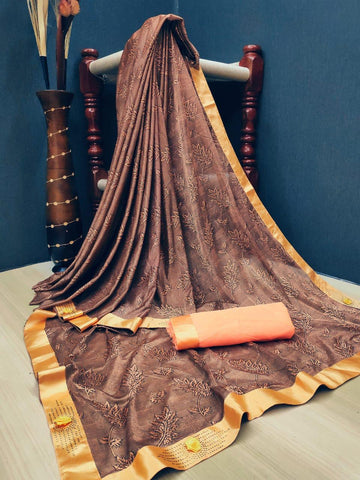 Splendid Brown Lycra Jacquard Satin Patti Hot Pix Border fancy designer saree