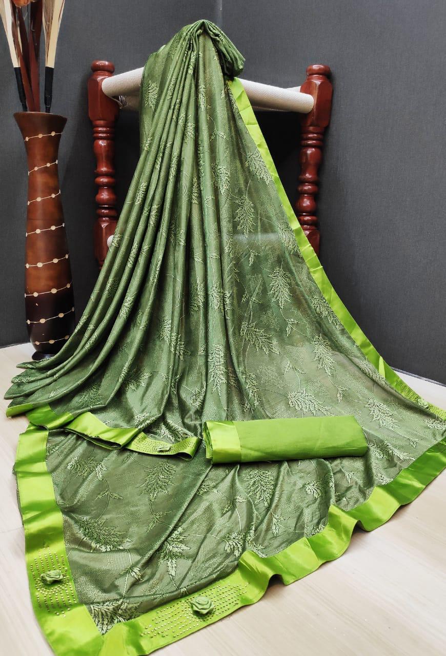 Mind-Boggling Green Lycra Jacquard Satin Border fancy designer saree