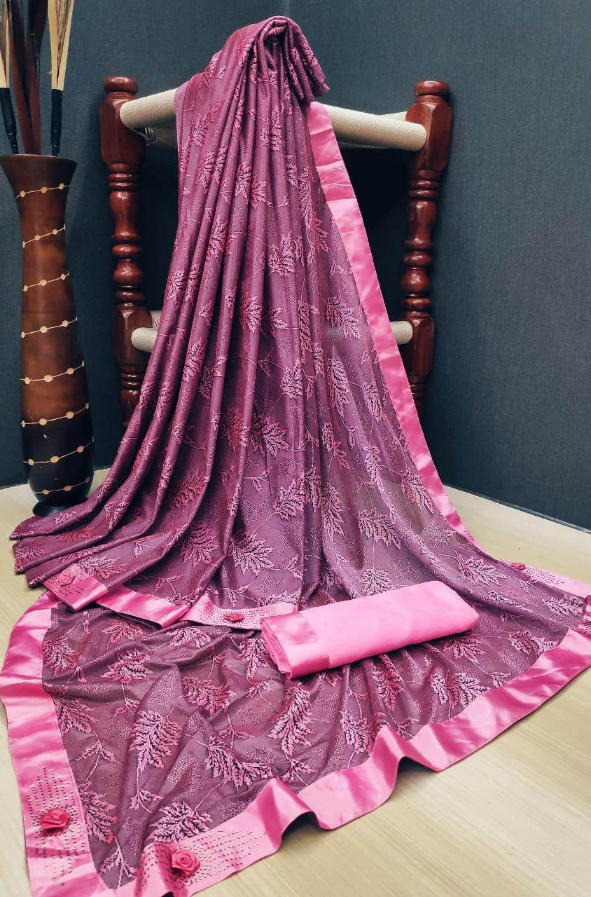 Fabulous Pink Lycra Jacquard Satin Patti Border fancy designer saree