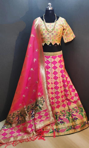Fantastic Yellow & Rani Banarasi Weaving With Padded Blouse Lehenga Choli Design Online