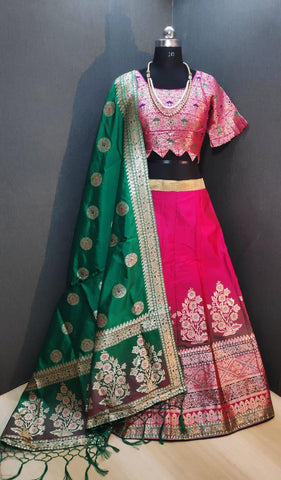 Wondrous Pink Banarasi Weaving Padded Blouse Lehenga Choli Design Online