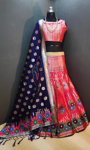 Beautiful Red Banarasi Weaving Padded Blouse Lehenga Choli Design Online