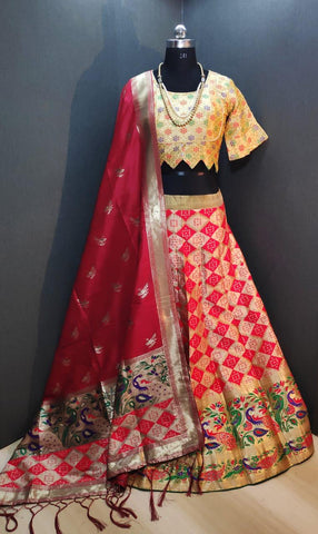 Lovely Yellow & Pink Banarasi Weaving Padded Blouse Lehenga Choli Design Online