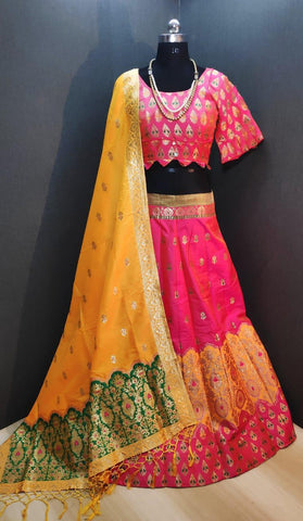 Good-Looking Pink & Mustard Banarasi Weaving Padded Blouse Lehenga Choli Design Online
