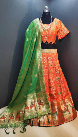Comely Orange & Green Banarasi Weaving Padded Blouse Lehenga Choli Design Online
