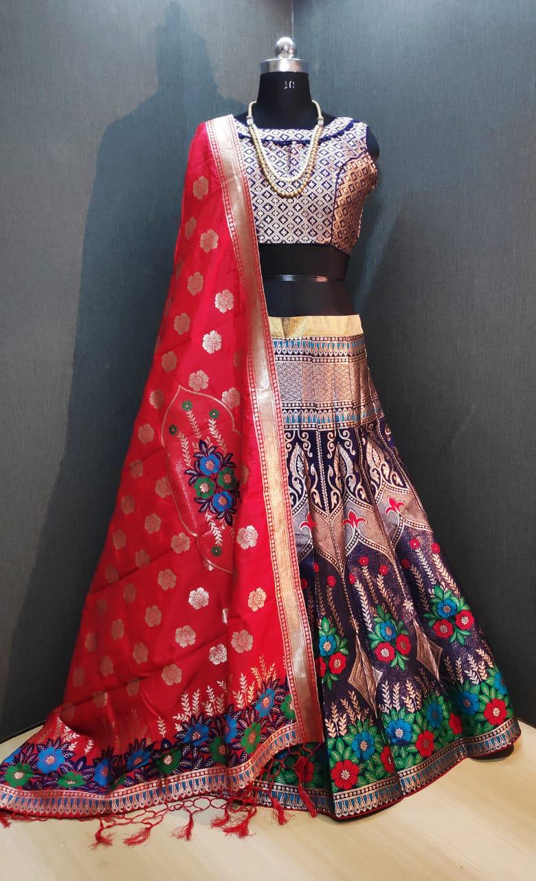 Pretty Navy Blue Banarasi Weaving Lehenga Choli Design Online