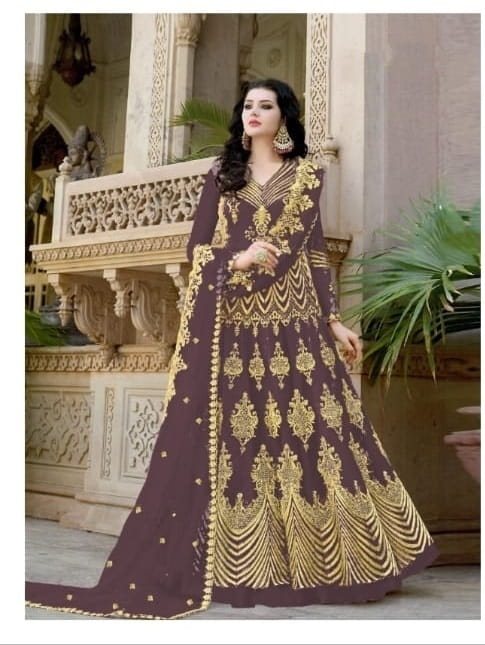 Radiant Brown Net With Embroidered Diamond Work Anarkali New Salwar suit design online