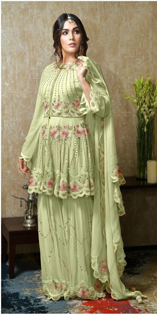 Devastating Light Green Georgette With Mirror Embroidered Work New Salwar suit design online