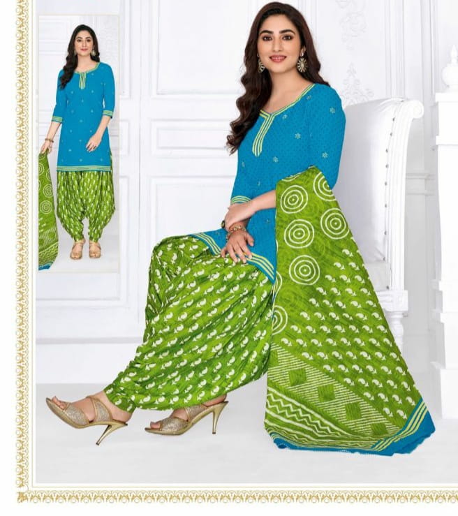 Captivating Sky Blue & Green Cotton Printed New Salwar suit design online
