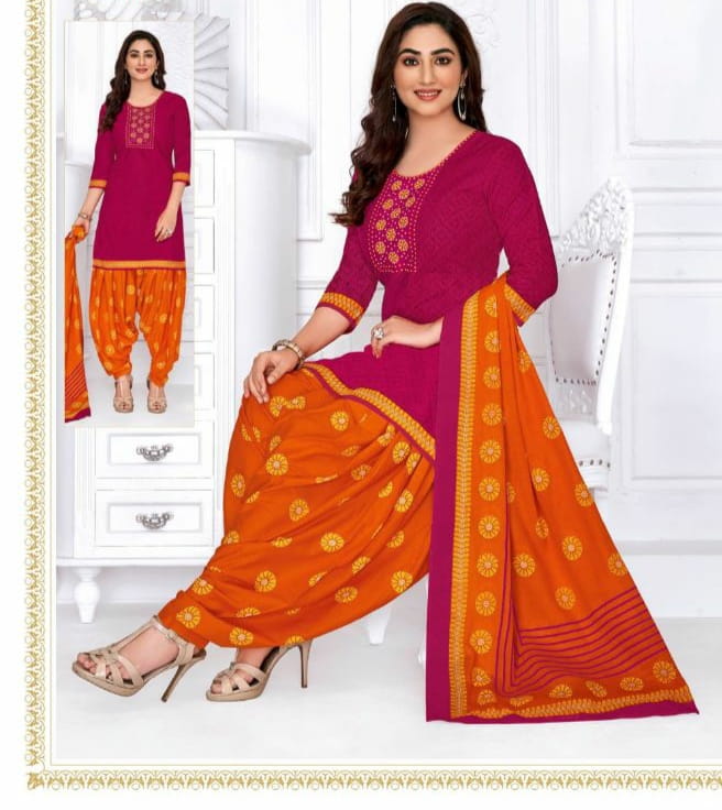 Bewitching Pink & Orange Printed Cotton New Salwar suit design online