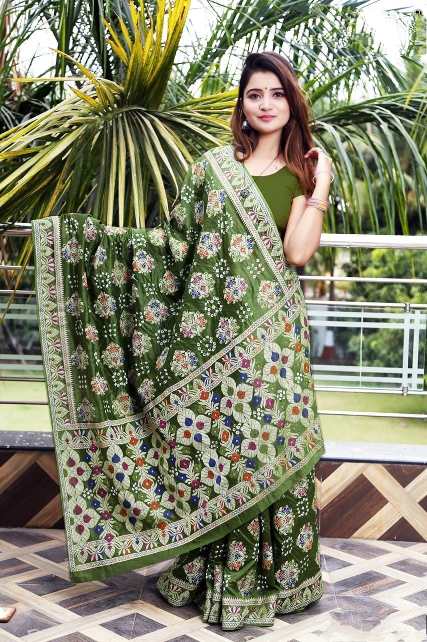Devastating Mehendi Green Silk Bandhani Zari Weaving fancy designer saree