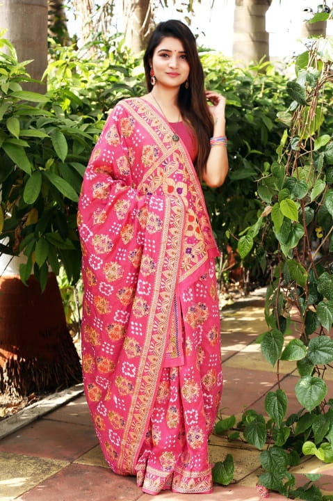 Magnificent Pink Bandhani Silk Zari Weaving fancy designer saree