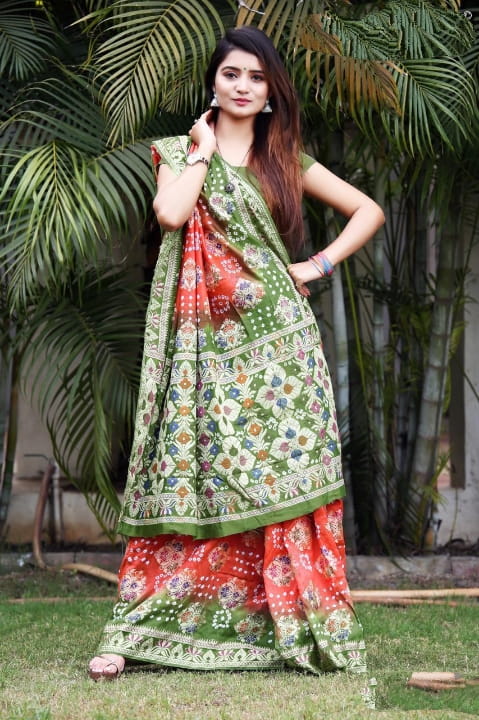 Glorious Green & Orange Bandhani Silk Zari Weaving fancy designer saree