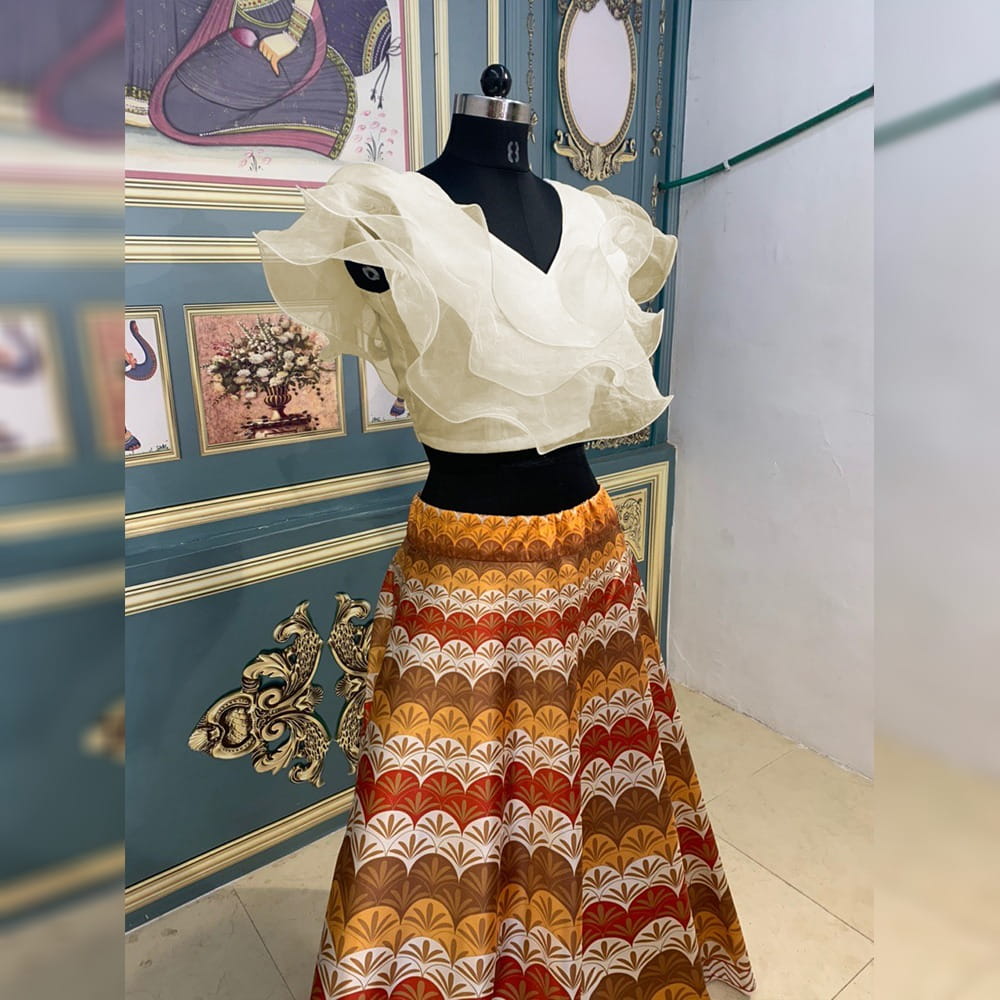 Alluring Cream Taffeta Silk Digital Print Lehenga Choli Design Online