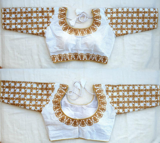 Radiant White Fentam Silk Thread Embroidered Work fancy Neck Readymade Blouse