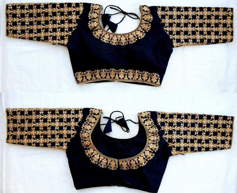 Striking Black Fentam Silk With Embroidered Work fancy Neck Readymade Blouse