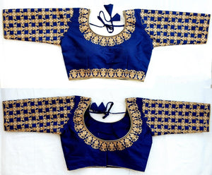 Wonderful Navy Blue Fentam Silk With Embroidered Work fancy Neck Readymade Blouse