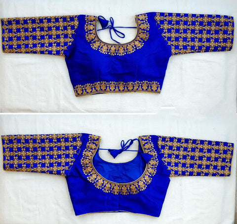 Glorious Royal Blue Silk With Embroidered Work fancy Neck Readymade Blouse