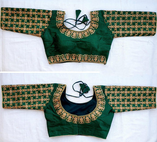Captivating Dark Green Fentam Silk With Embroidered Work fancy Neck Readymade Blouse