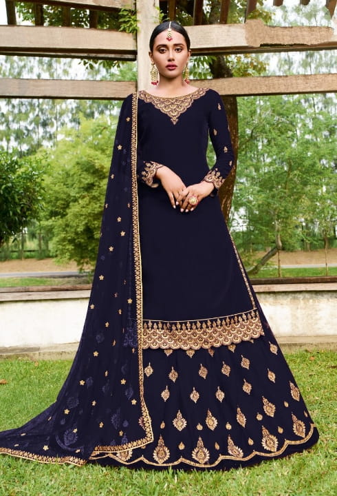 Striking Navy Blue Georgette With Embroidered Work Salwar Suit