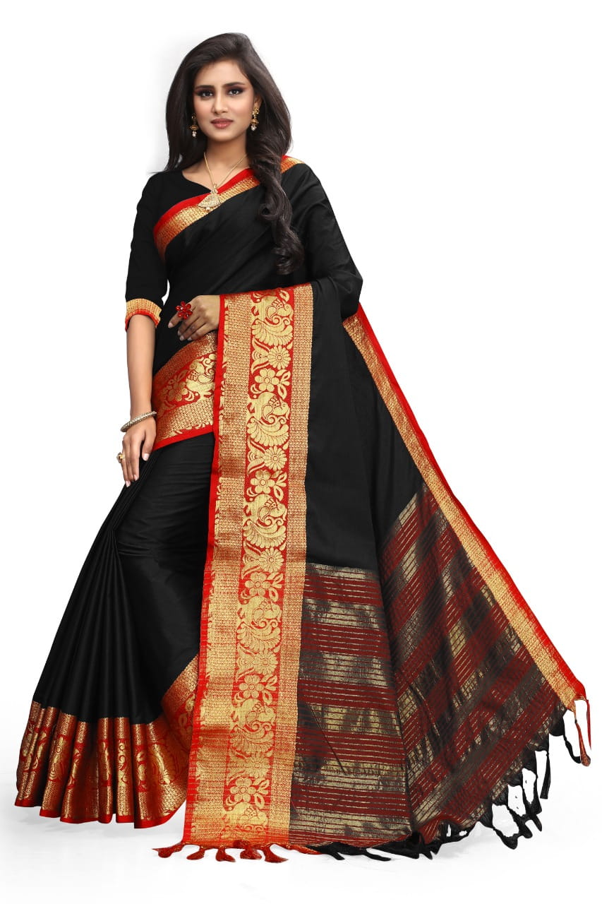 Sensational Black Colored Poly Cotton Rich Pallu Designer Saree