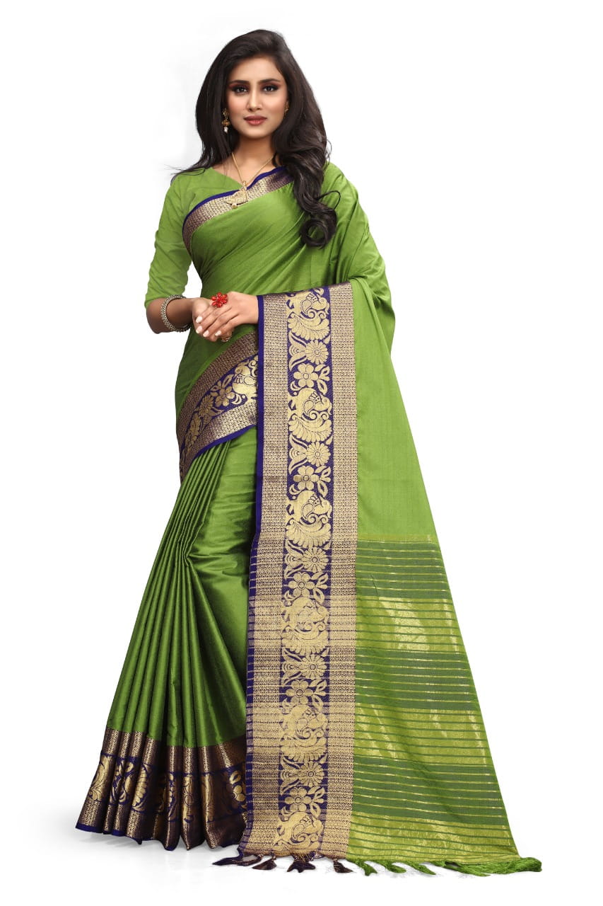 Radiant Green Poly Cotton With Rich Pallu Designer Saree