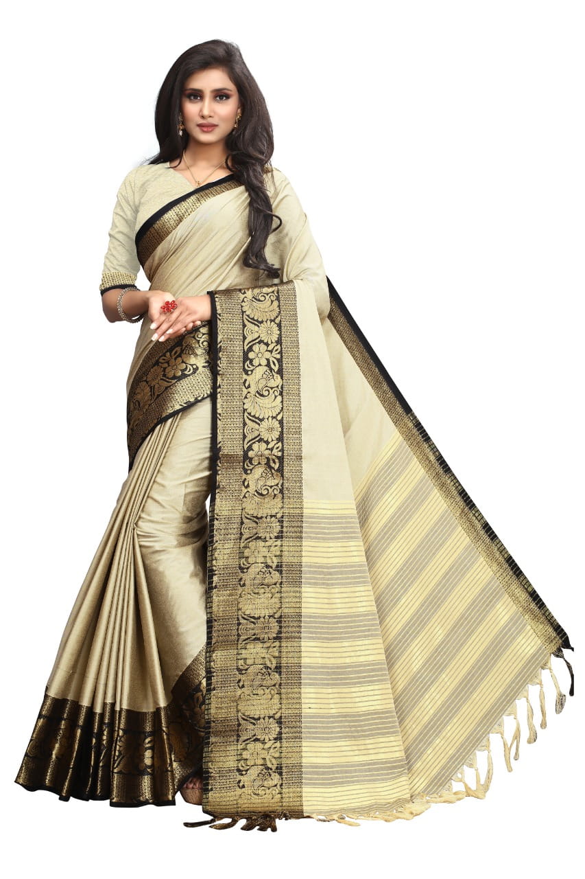 Ravishing Cream & Black Poly Cotton With Rich Pallu Designer Saree