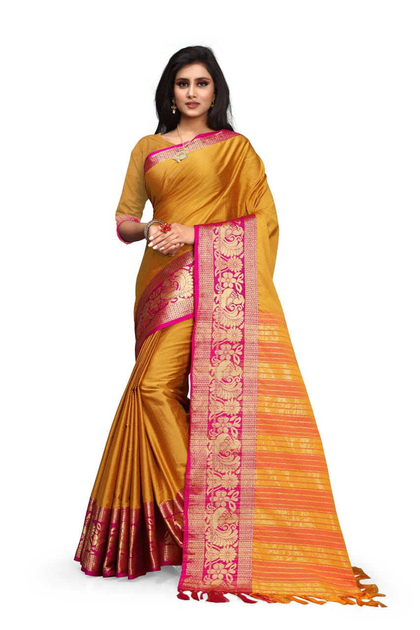 Striking Mustard & Rani Poly Cotton With Rich Pallu Designer Saree