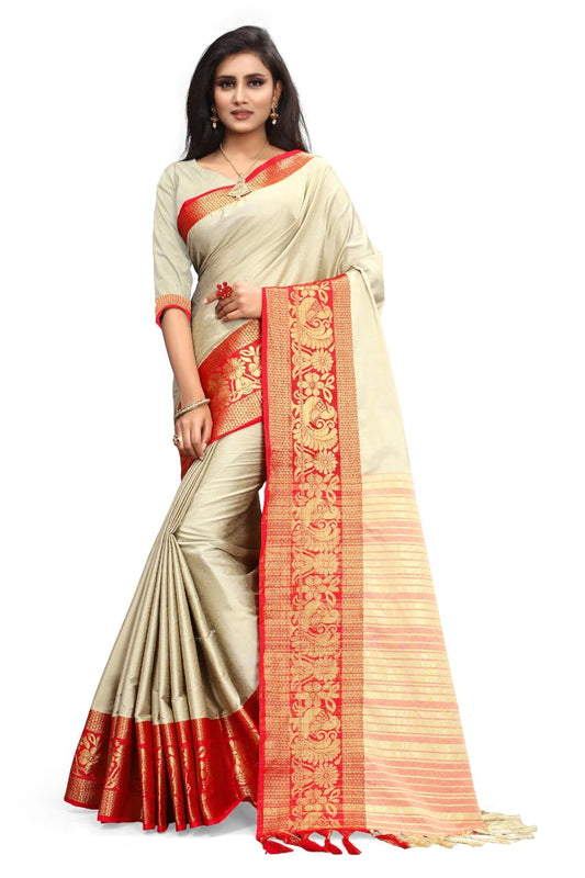 Dazzling Cream & Orange Poly Cotton With Rich Pallu Designer Saree