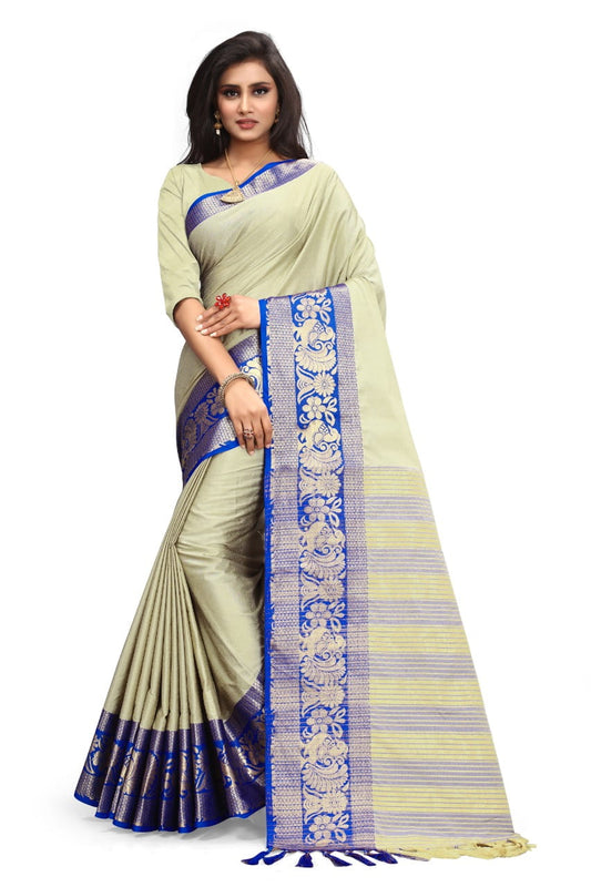 Devastating Cream & Royal Blue Poly Cotton With Rich Pallu Designer Saree