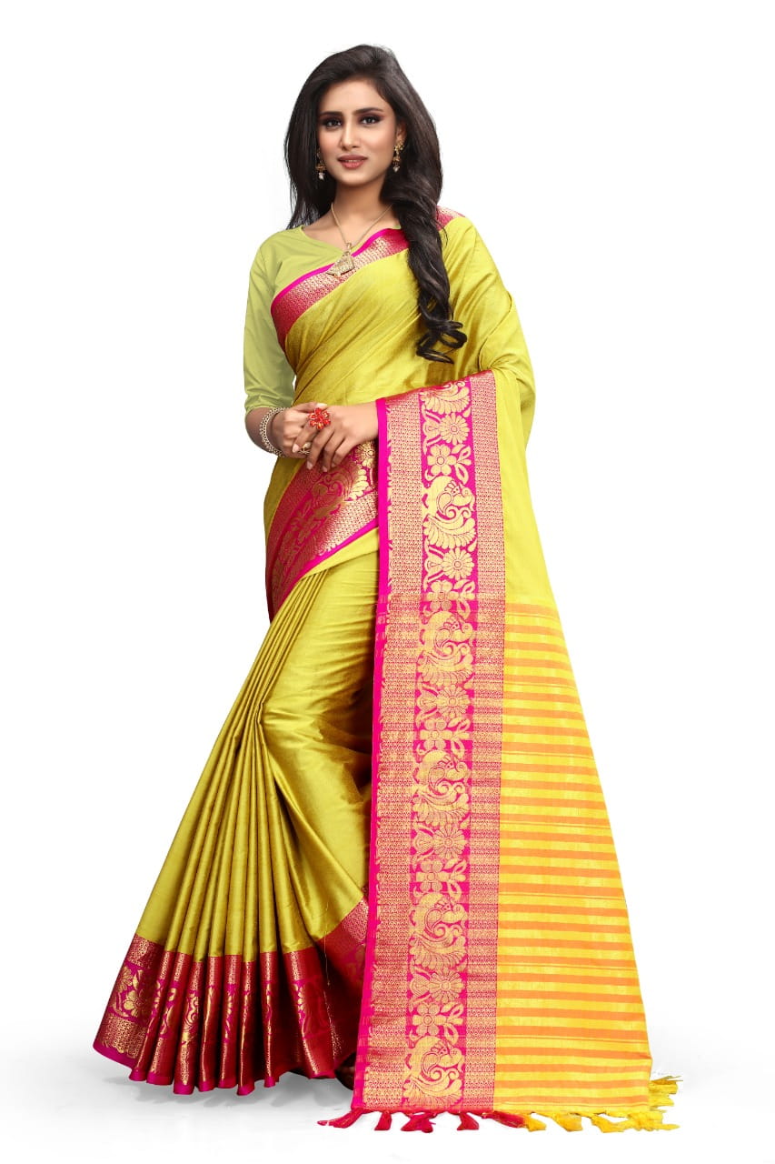 Wonderful Yellow & Rani Poly Cotton With Rich Pallu Designer Saree