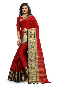 Magnificent Red Poly Cotton With Rich Pallu Designer Saree