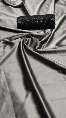Gorgeous Grey Satin Silk Designer Saree With Sequence Work Blouse