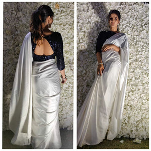 Amazeballs White Satin Silk Designer Saree With Sequence Work Blouse