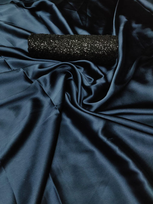 Knockout Blue Satin Silk Designer Saree With Sequence Work Blouse